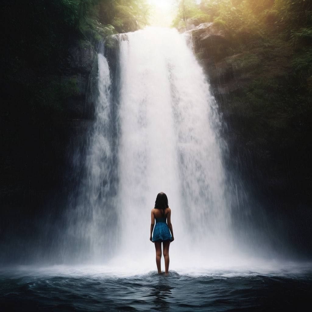 A girl admires a waterfall