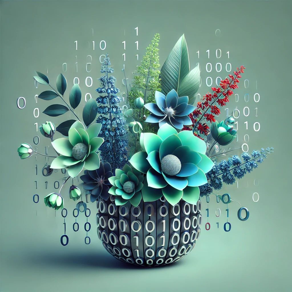 A minimalist digital art collection titled 'Binary Bloom' inspired by the blockchain platform ZORA. The image features digital flowers and plants that