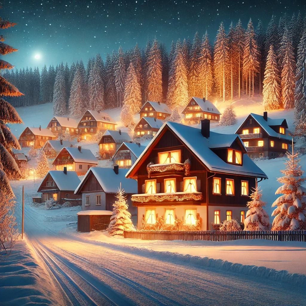 Snowy Village Night