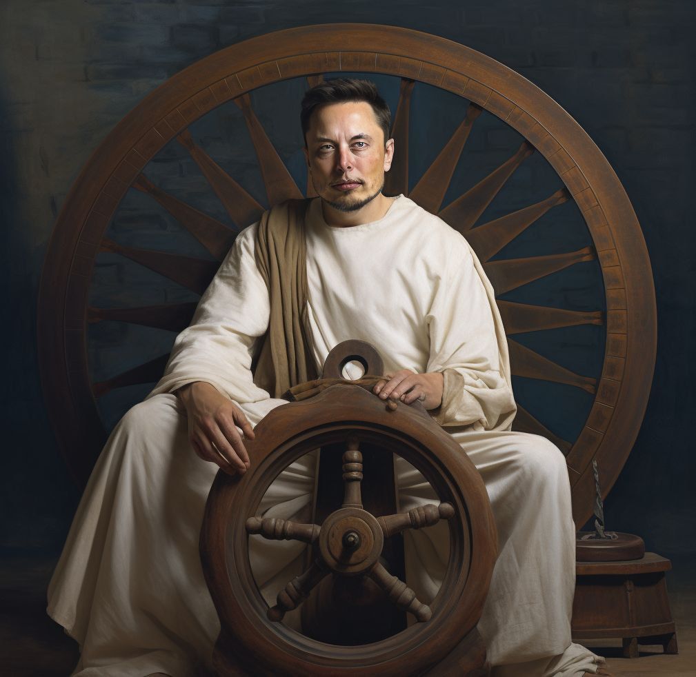 Elon Musk as a Gandhi with Spinning Wheel