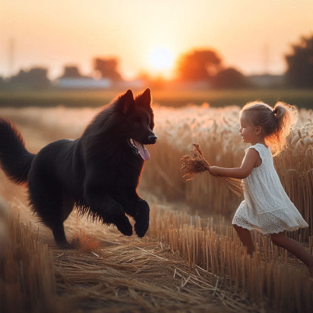 the black simba dog running in the field ang playng with the little girl