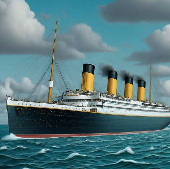 A large, majestic ship named Titanic 13 sails across the ocean. The ship is sleek and modern, with a gleaming white hull and towering masts. The sun shines brightly overhead, and the water is a deep, clear blue