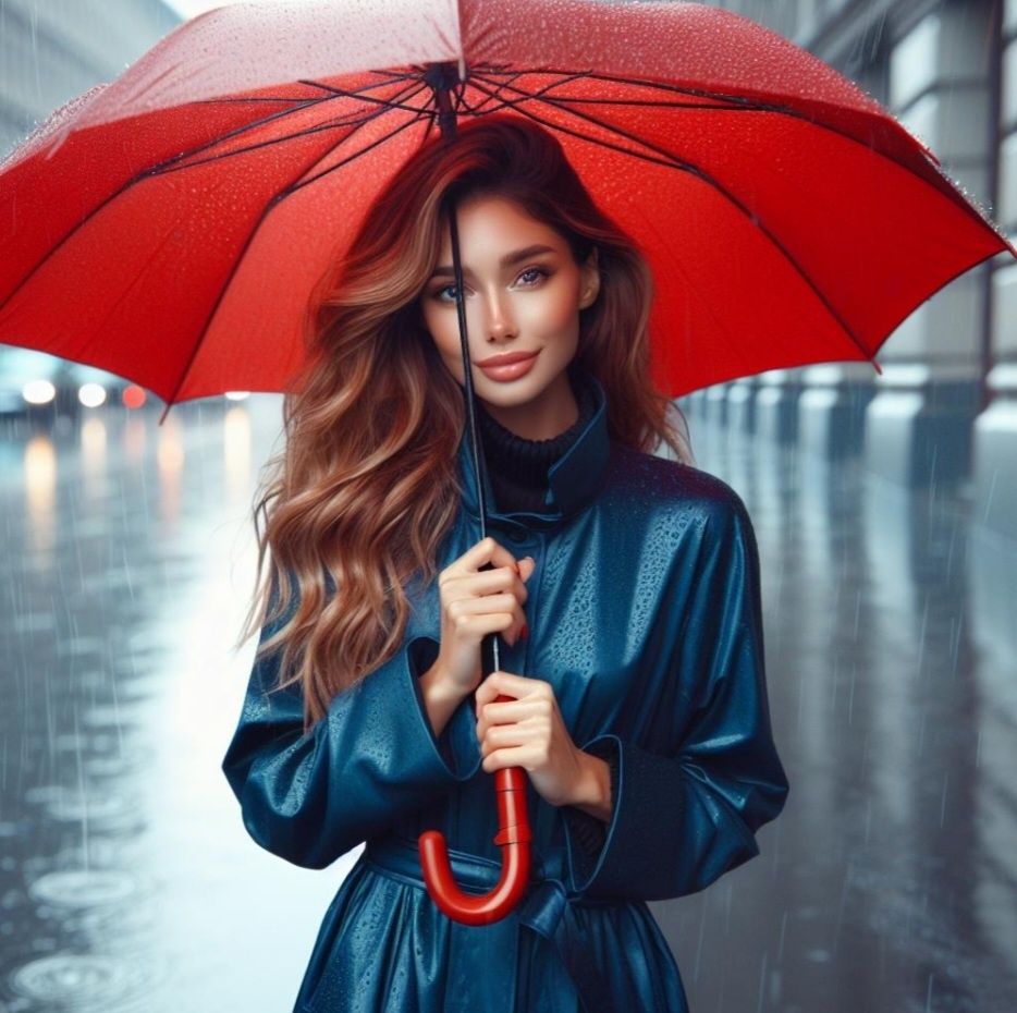 A blonde woman walking down the street on a rainy day