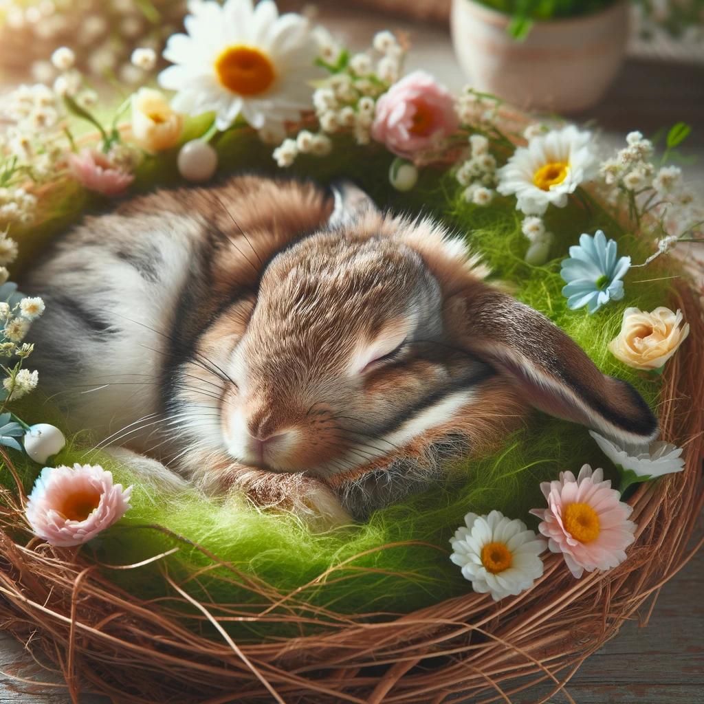 A_rabbit_sleeping_in_a_cozy_nest_made_of_spring_fl