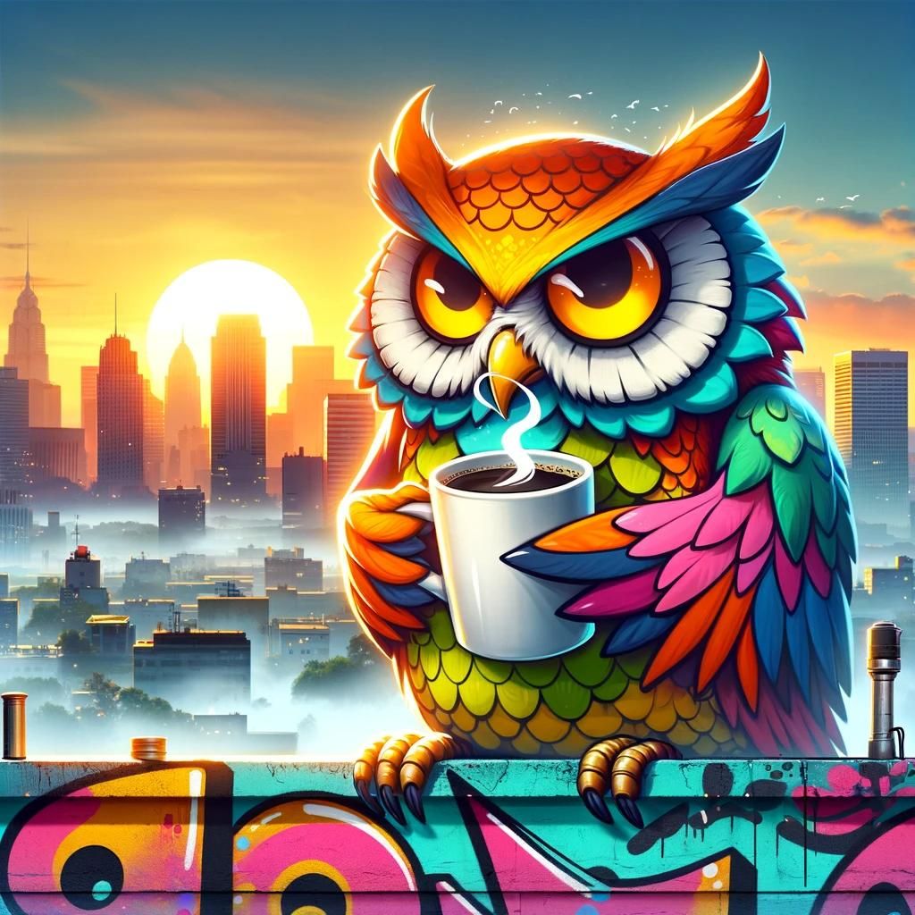 A_graffiti_owl_drinking_a_cup_of_coffee_on_a_rooft