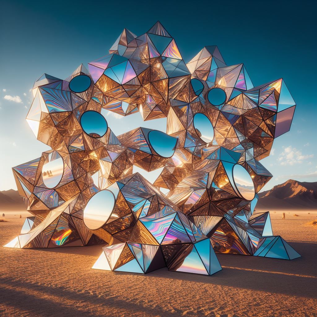 A rainbow-colored mirror sculpture emitting light in the middle of the desert 2