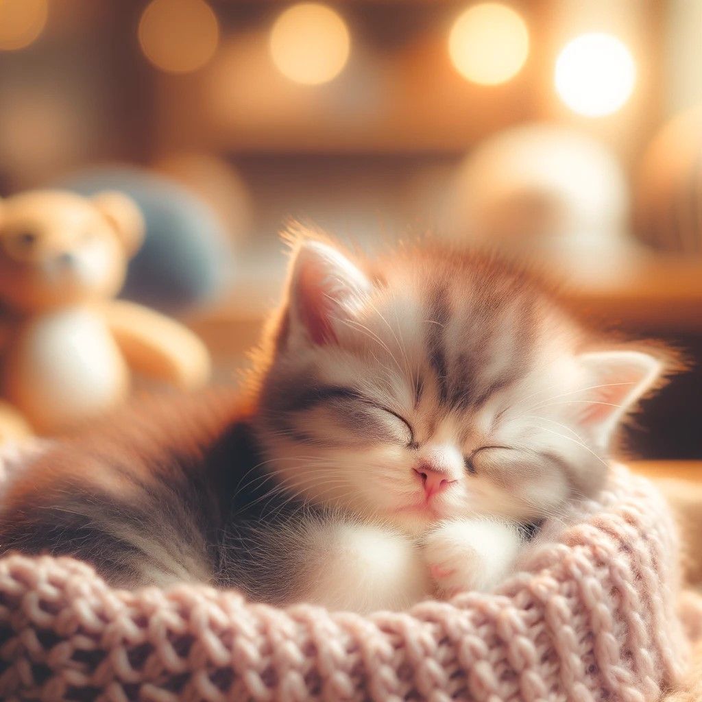 A Fluffy Kitten's Peaceful Slumber in a Cozy Blanket