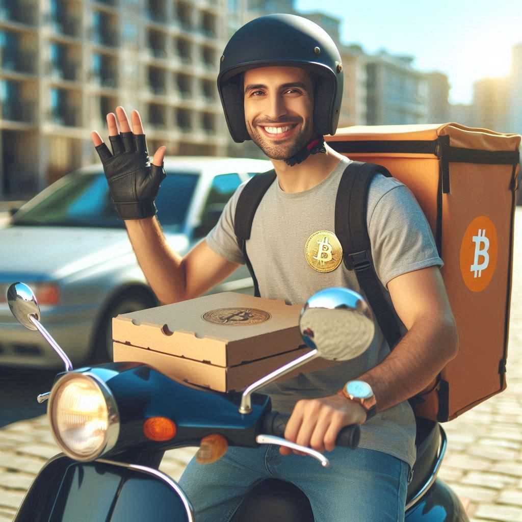 happy delivery man working all day delivering bitcoins