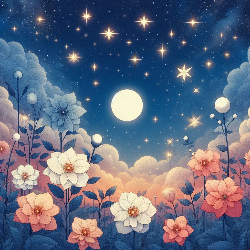 Countless stars, moon and flowers