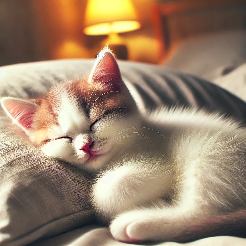 Dreamy Kitten Curled Up on a Soft Pillow