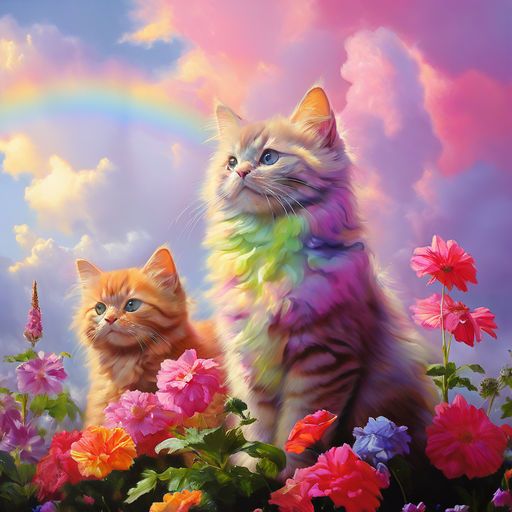 rainbow-cats-sky-pink-flowers