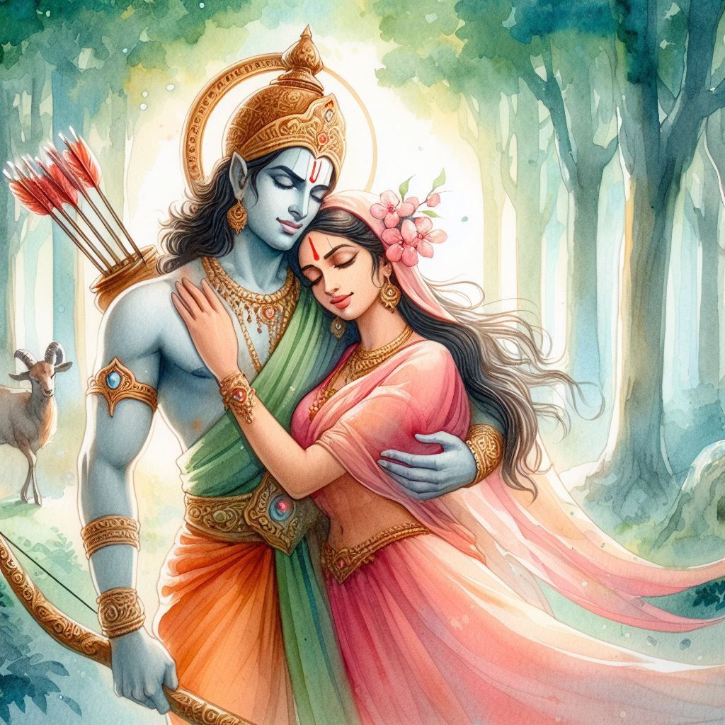 Lord Rama and Sita in a Water colour painting style