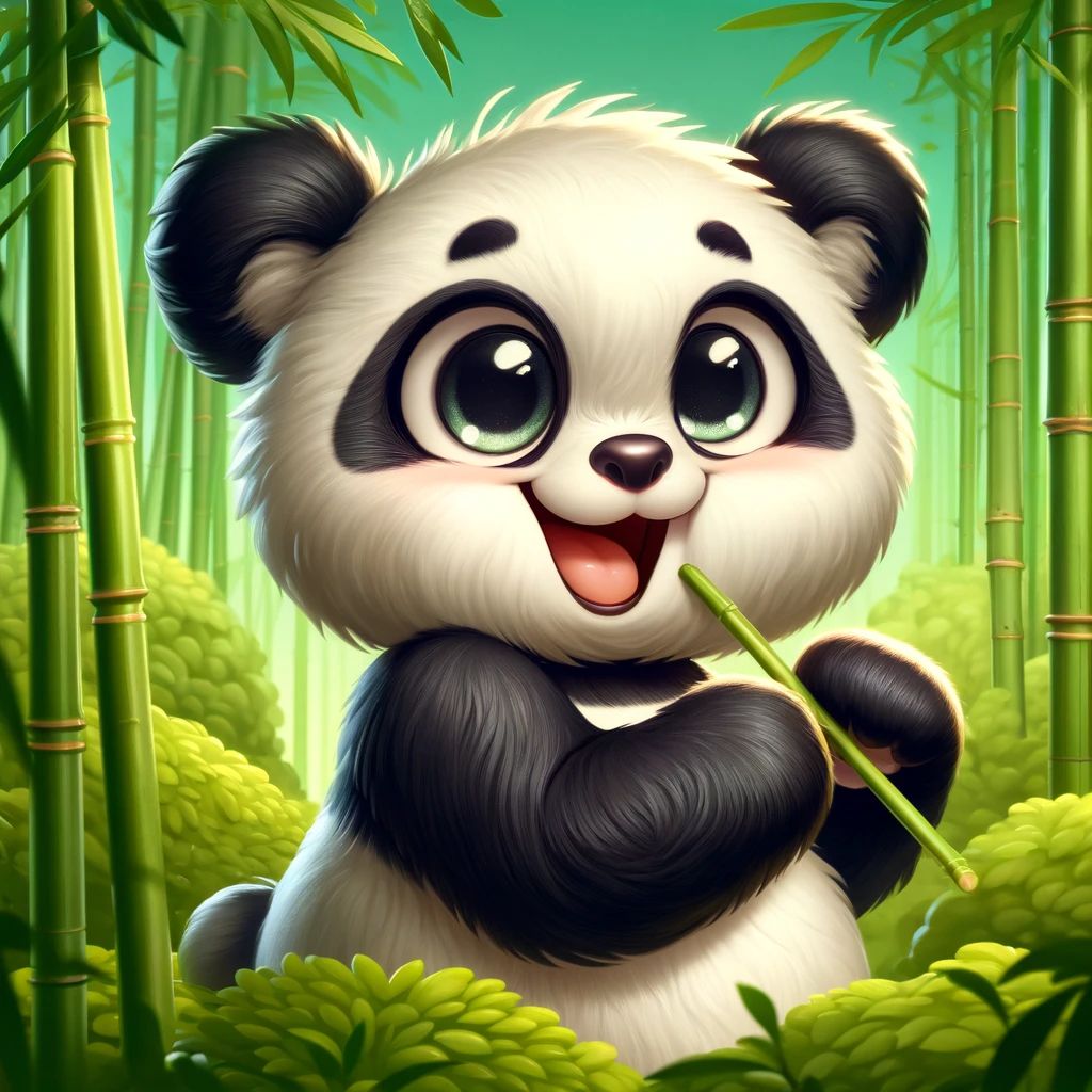 DALL·E 2024-04-12 11.34.45 - Create a charming and playful panda character depicted in a lush bamboo forest. The panda has a joyful expression, with big, sparkling eyes and a wide