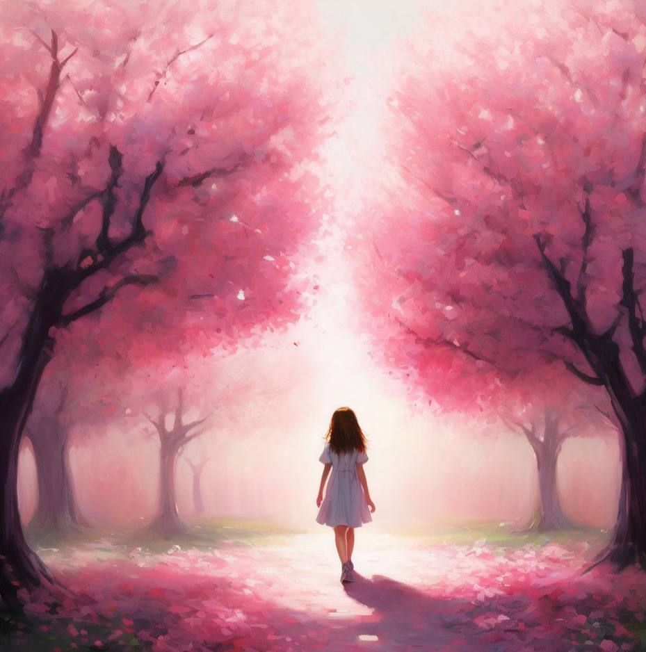 A walk through the garden with pink trees