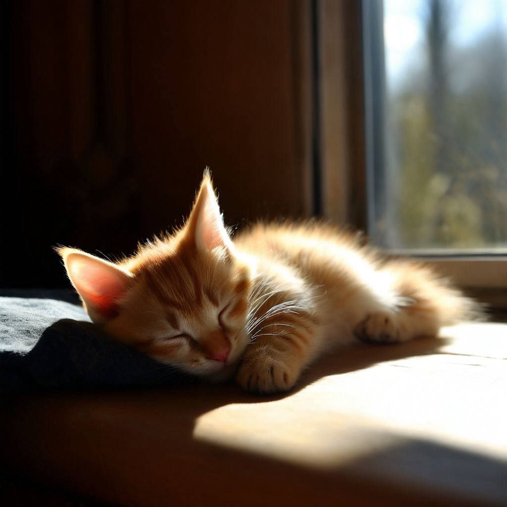 The kitten is sleeping on the window