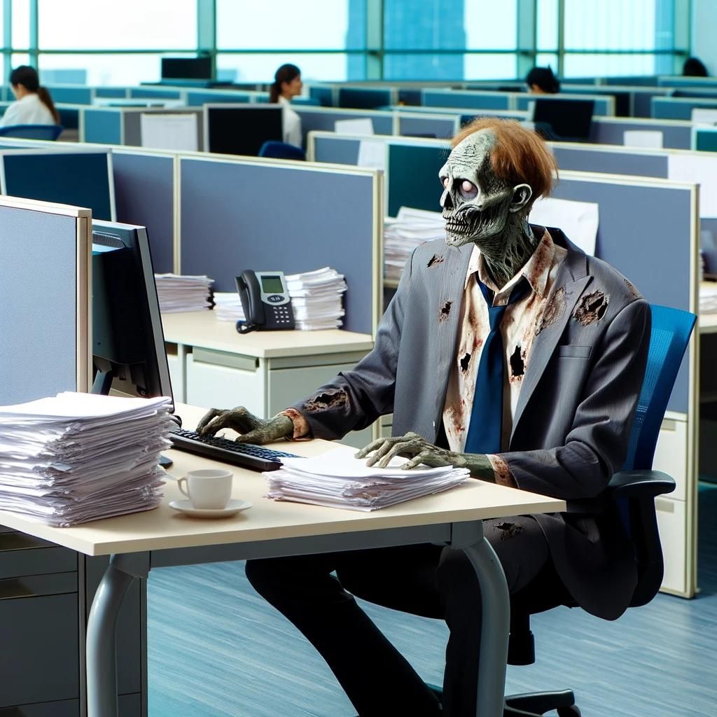 A_zombie_working_in_an_office,_sitting_at_a_desk_f