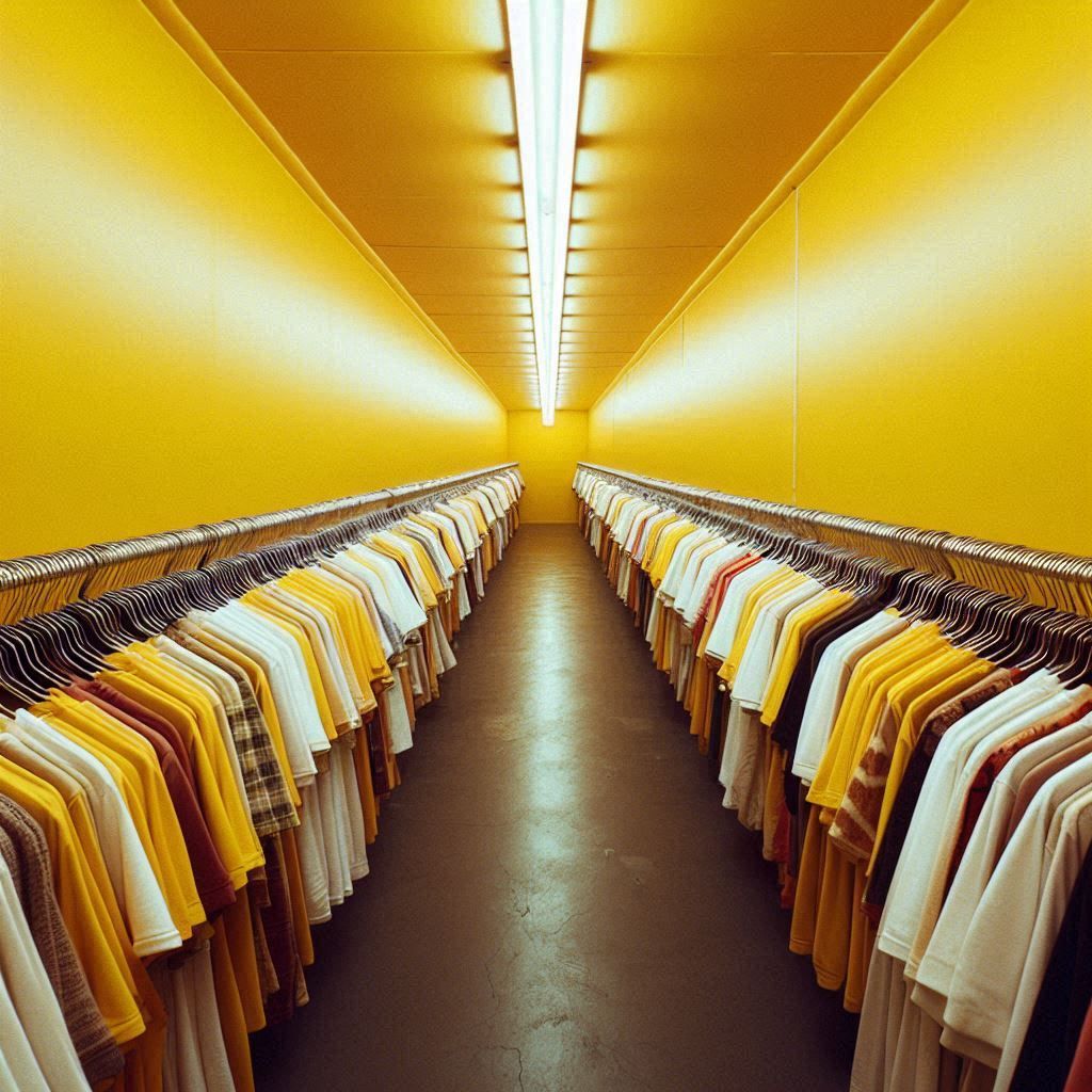 yellow hallway full of clothes