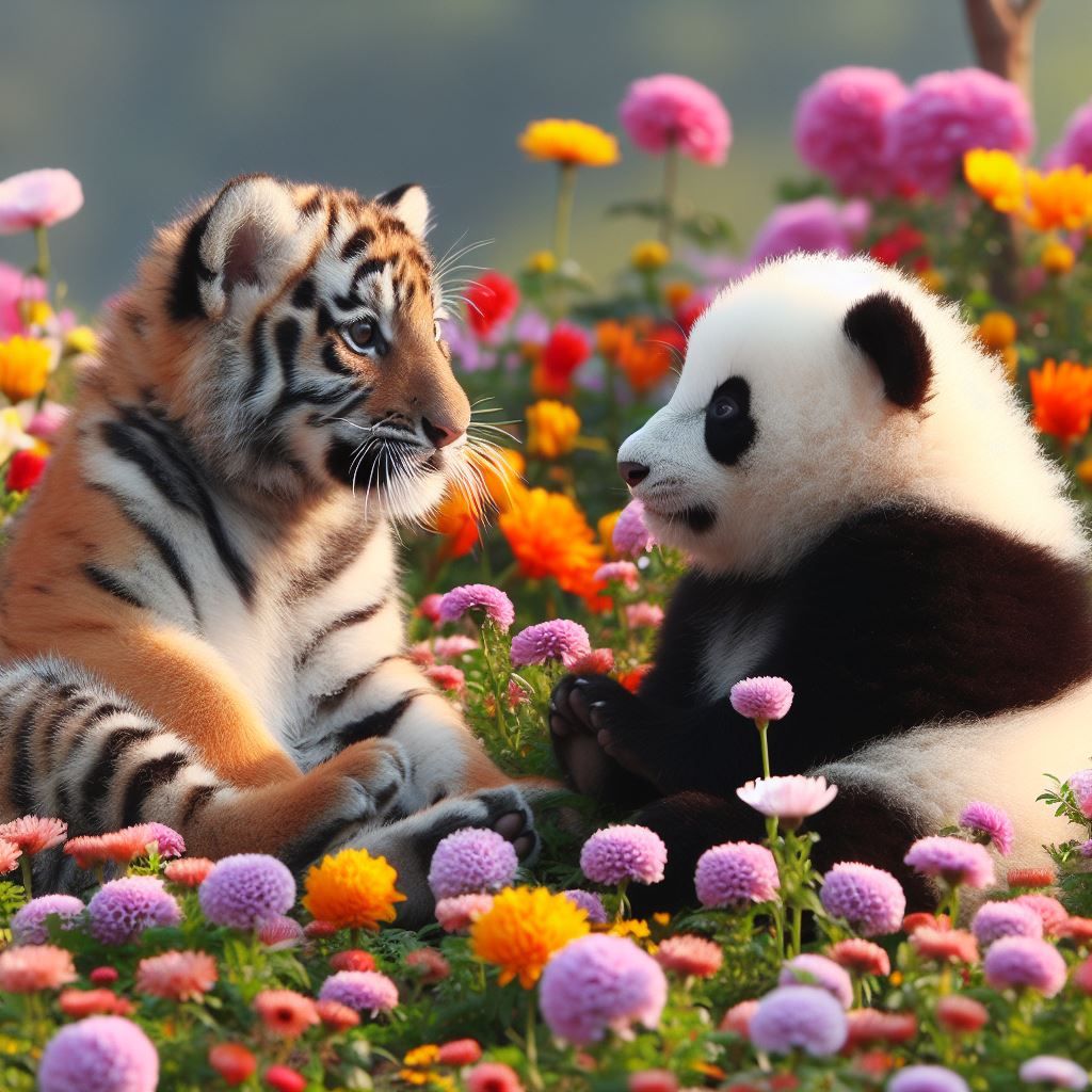 A baby tiger and a baby panda