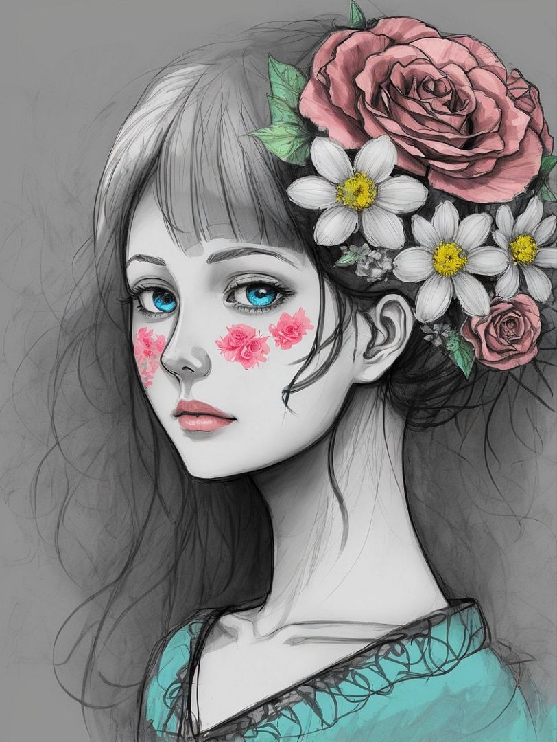 Sketch Art, Women, Half Body, Adorable Eyes, Hair Filled With Beautiful Flowers, Minimum Line.