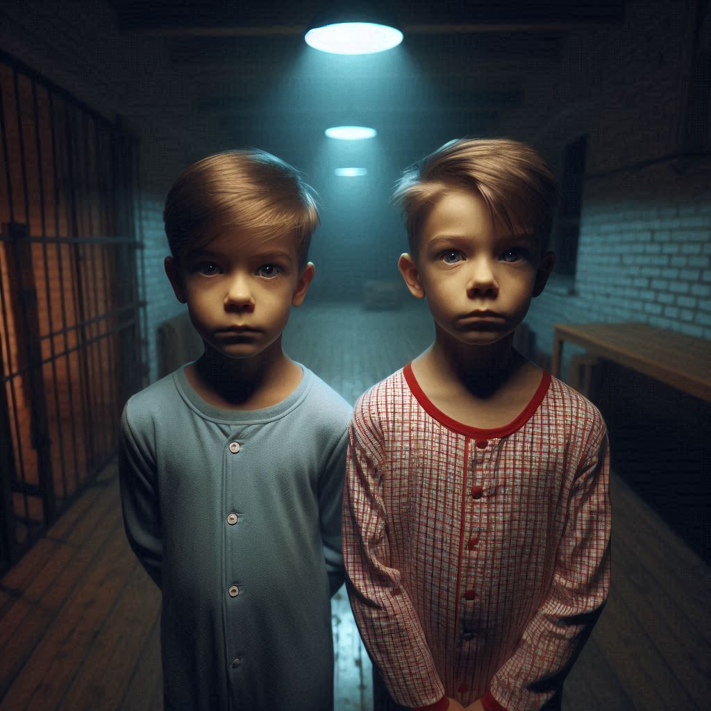 Two boys looking at camera in backroom