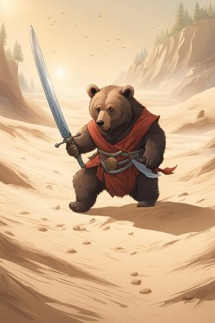 a_bear_walking_in_the_sand_with_a_sword