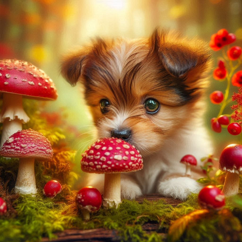 Puppy meets mushroom