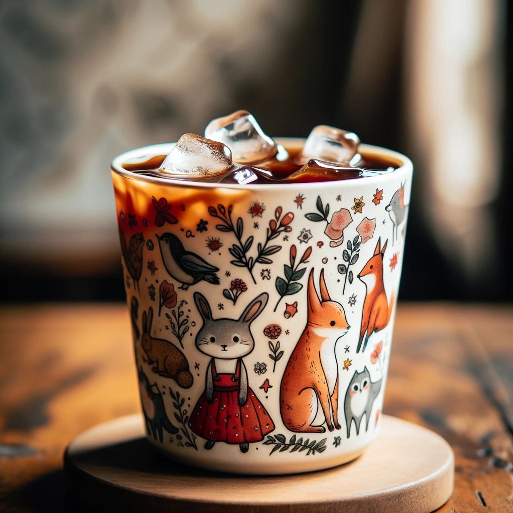 an ice americano in a cup with pretty animals on it