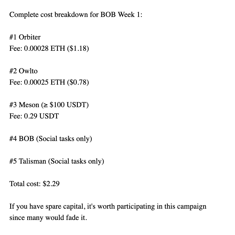 Complete cost breakdown for BOB Week 1: