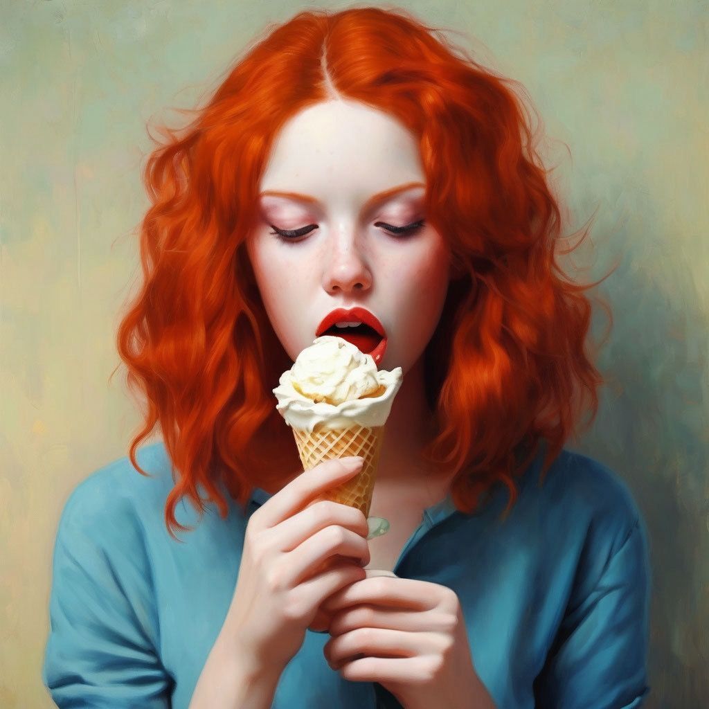 Red-haired girl eats ice cream