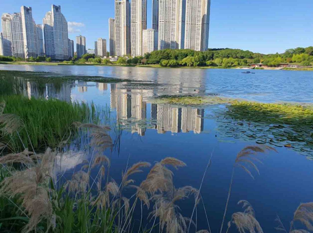 Buildings reflected in a lake.