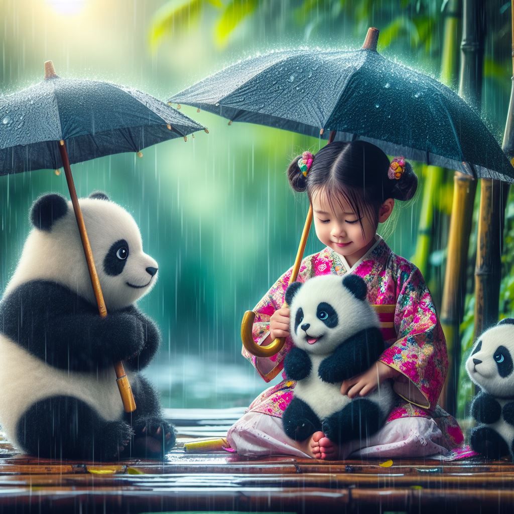 Baby Panda with the Girl on a rainy day