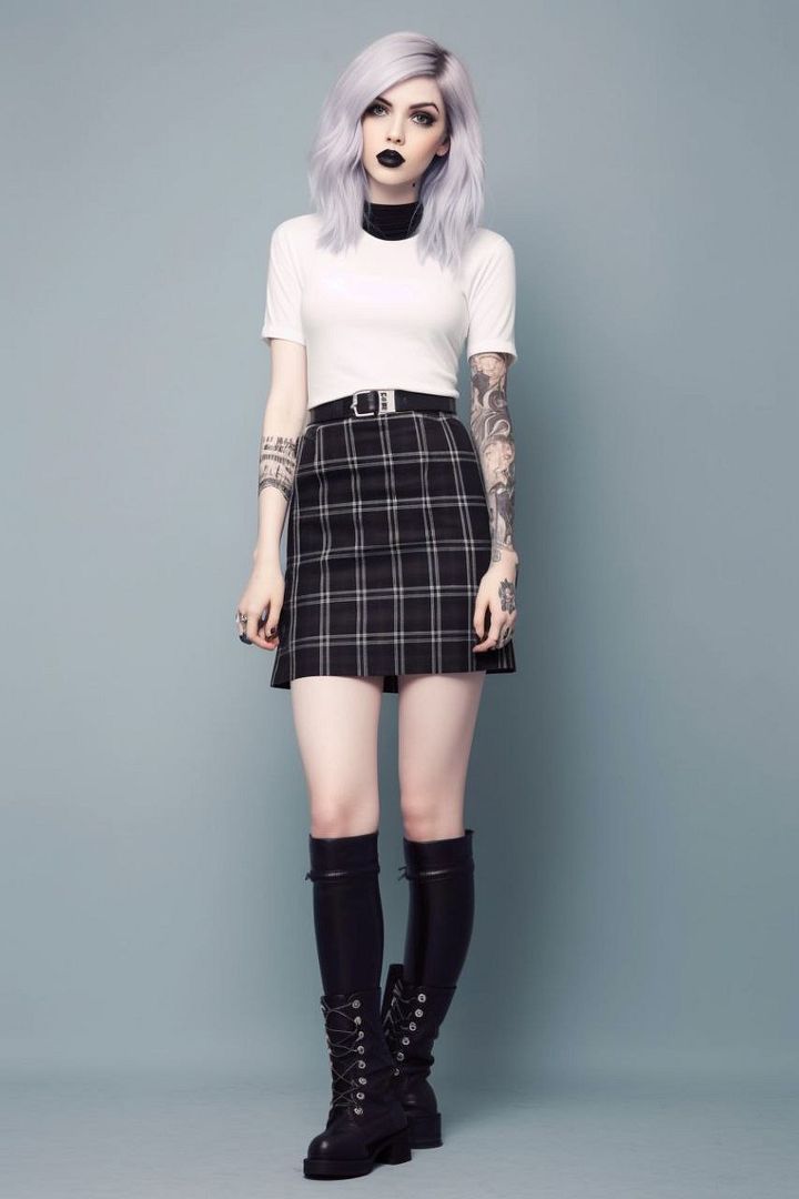 Reallife looking, realistic looking tattooed barbie like 20 years old young woman, with high platform boots, overknee lenght skirt, knee high stockings, alternative style, alternative style model pose, white screen background