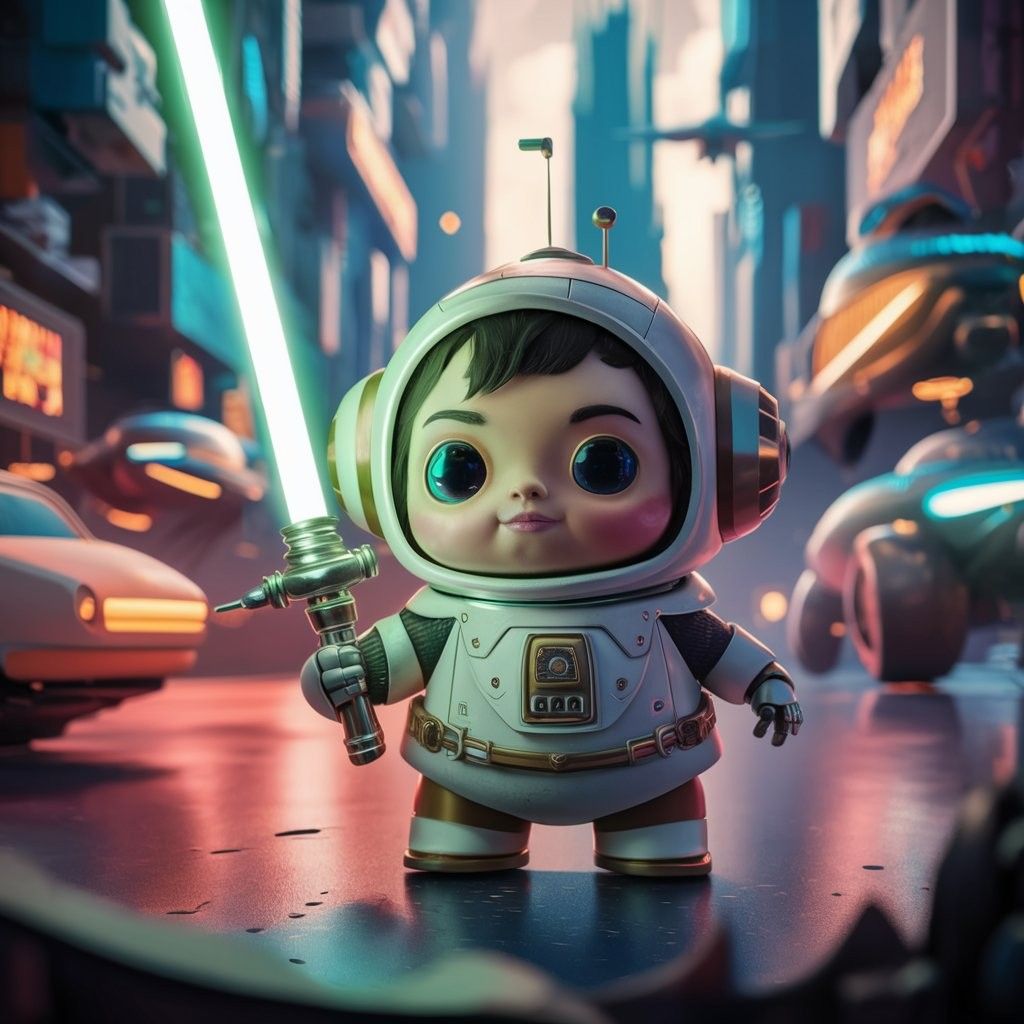 Cute futuristic baby with a lightsaber