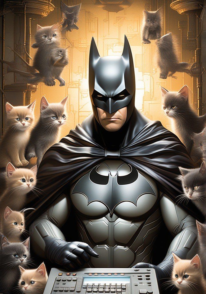 Batman trying to wrangle a group of mischievous kittens in his Batcave.