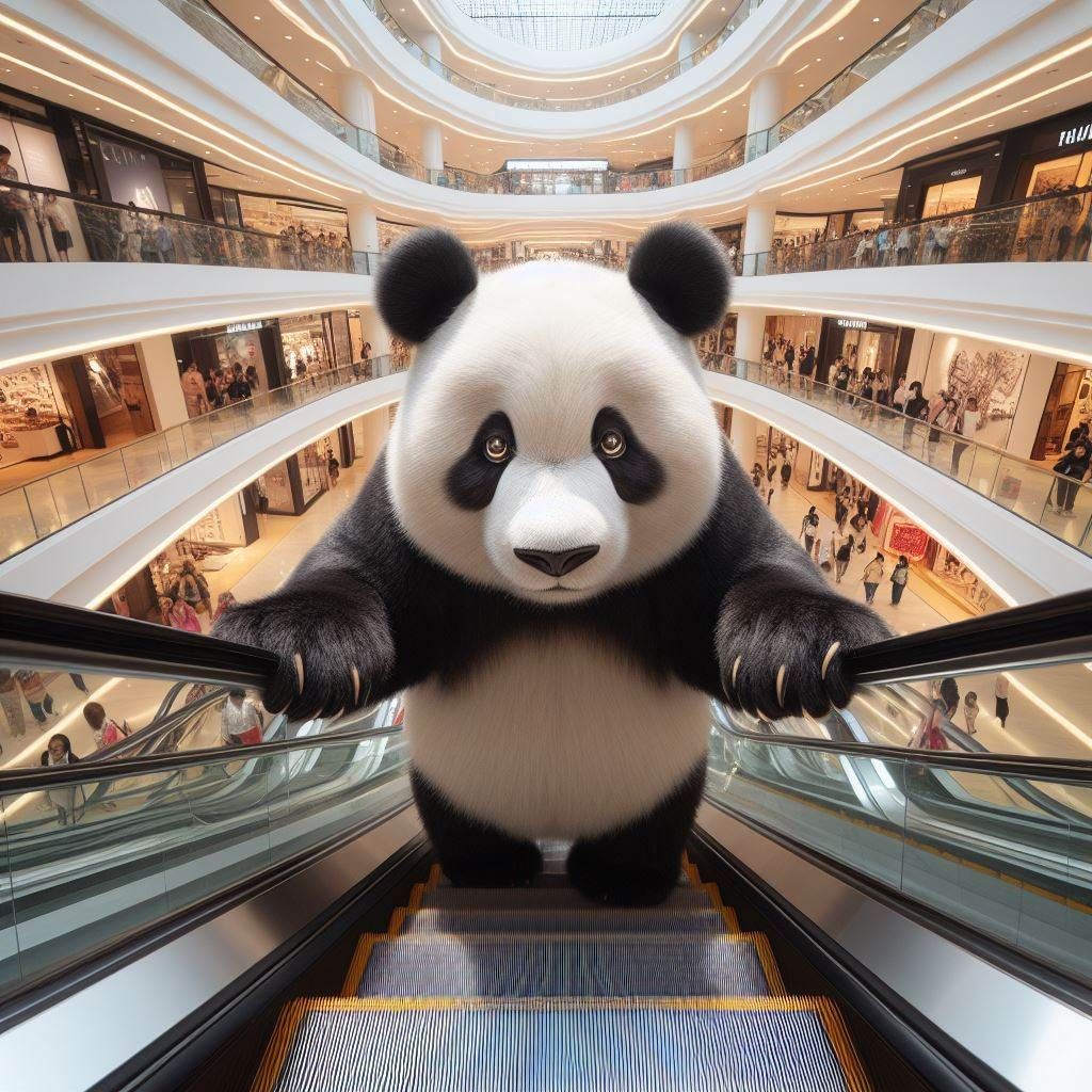 A panda is on a escalator