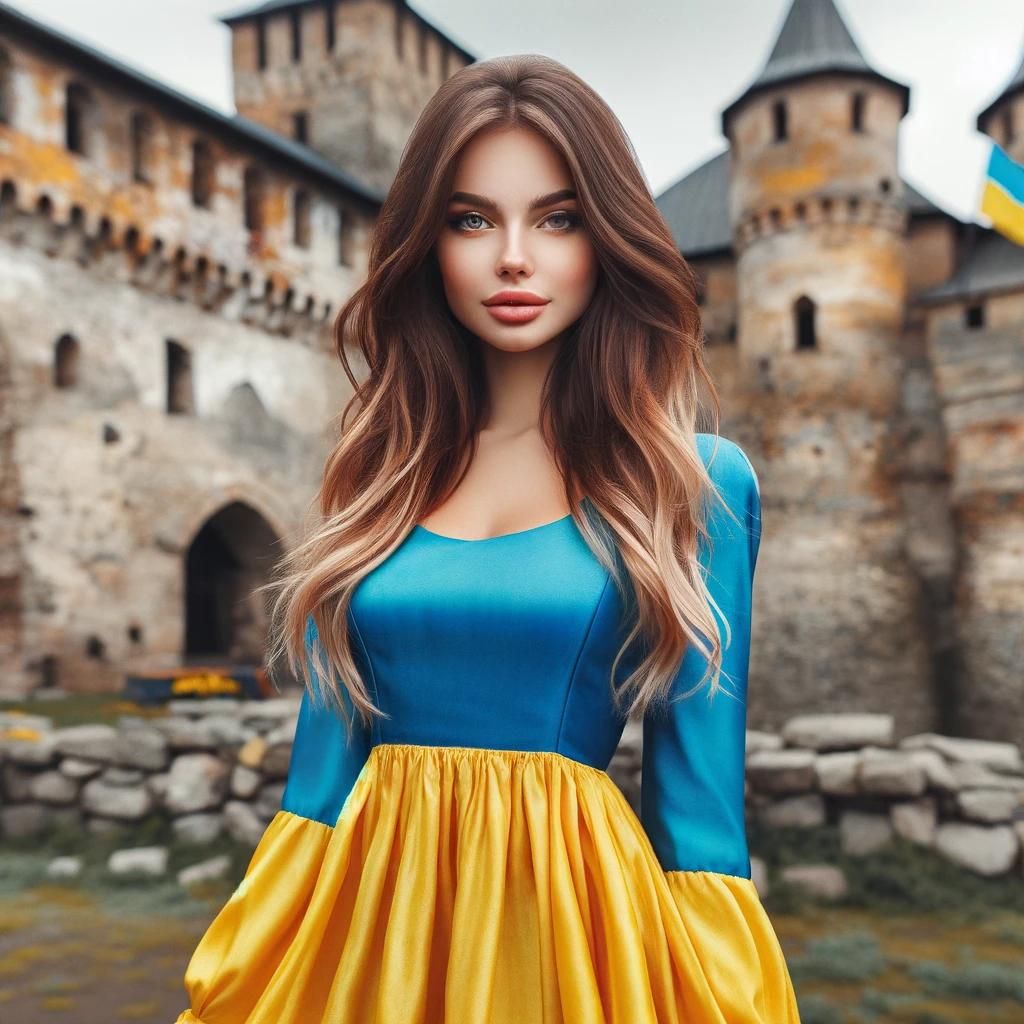 A_young_Ukrainian_woman_in_a_yellow-blue_dress,_st