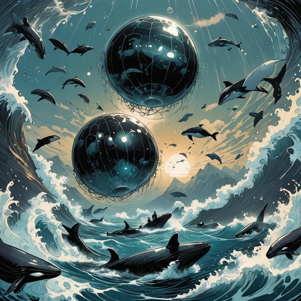 Zorbs in the ocean with whales