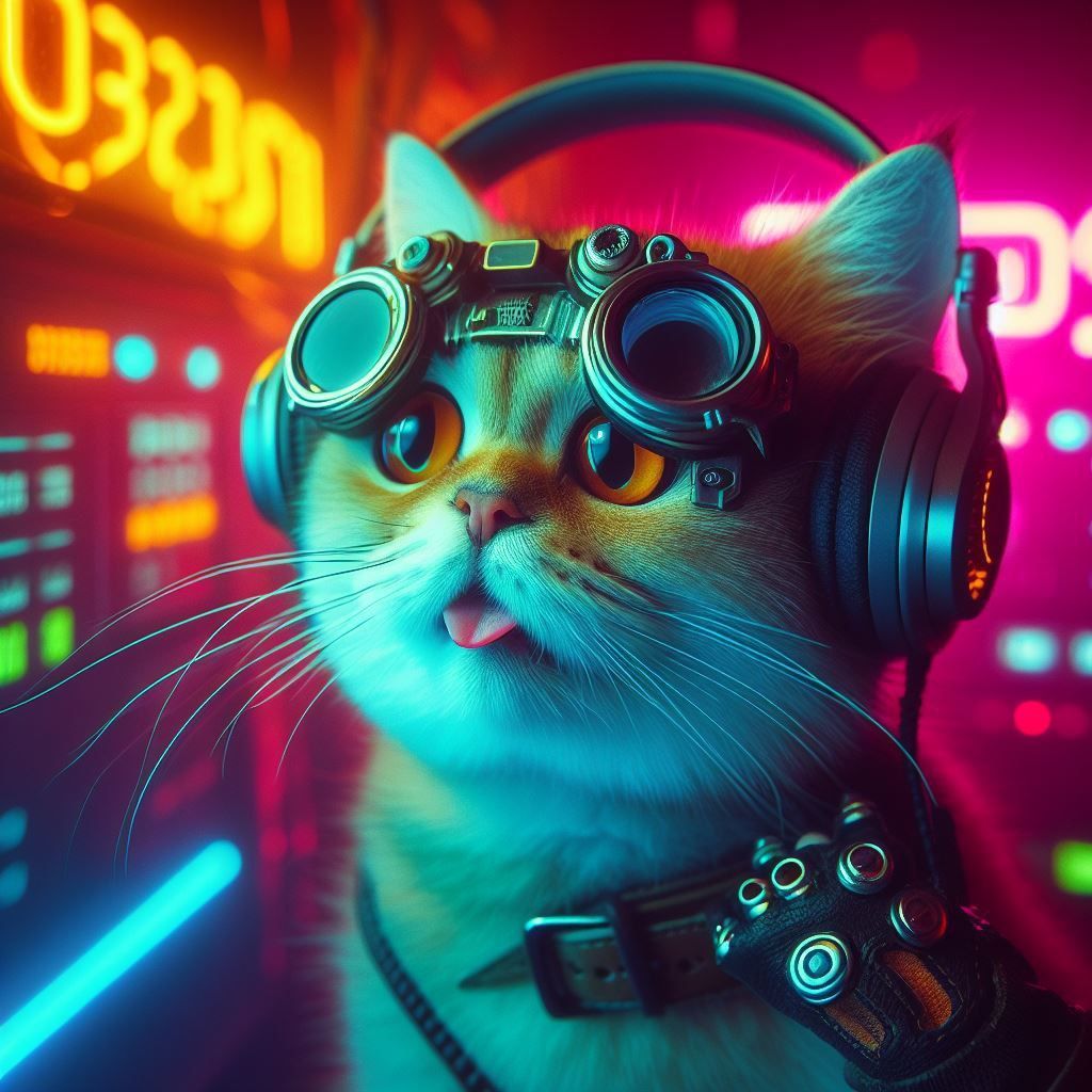 Candid portrait of A funny cat With Headphones  in the year 2330, cyberpunk, neon lighting