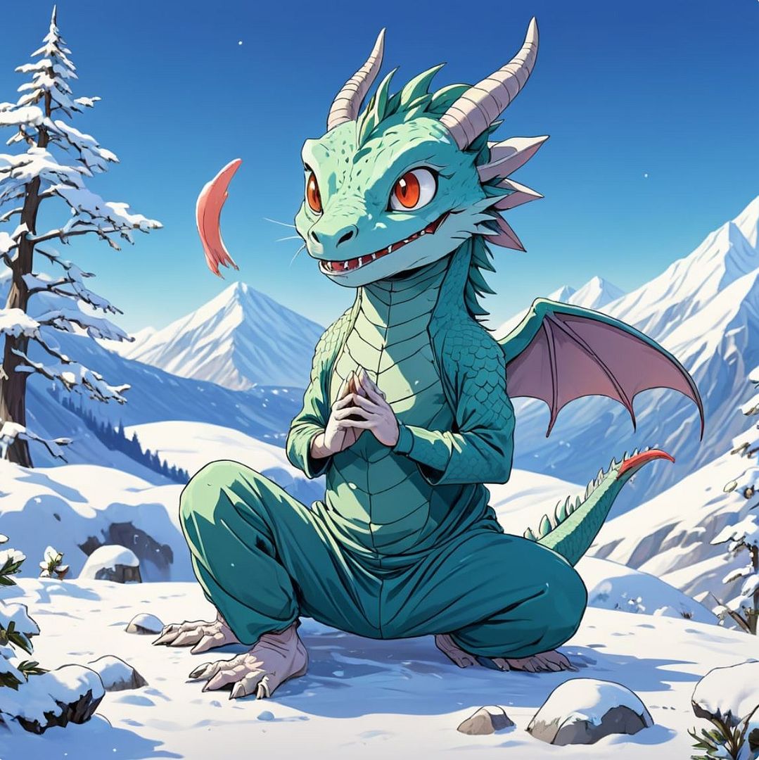 Dragon doing yoga on snow