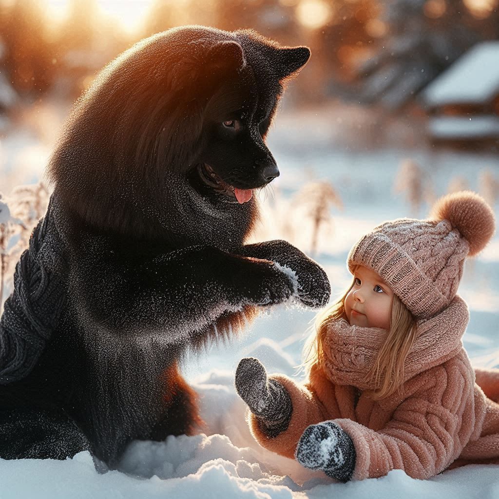 the black simba dog playing with the small girl in the snow