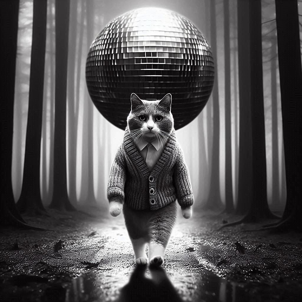 A cat in cardigan is walking through the forest with a mirrorball