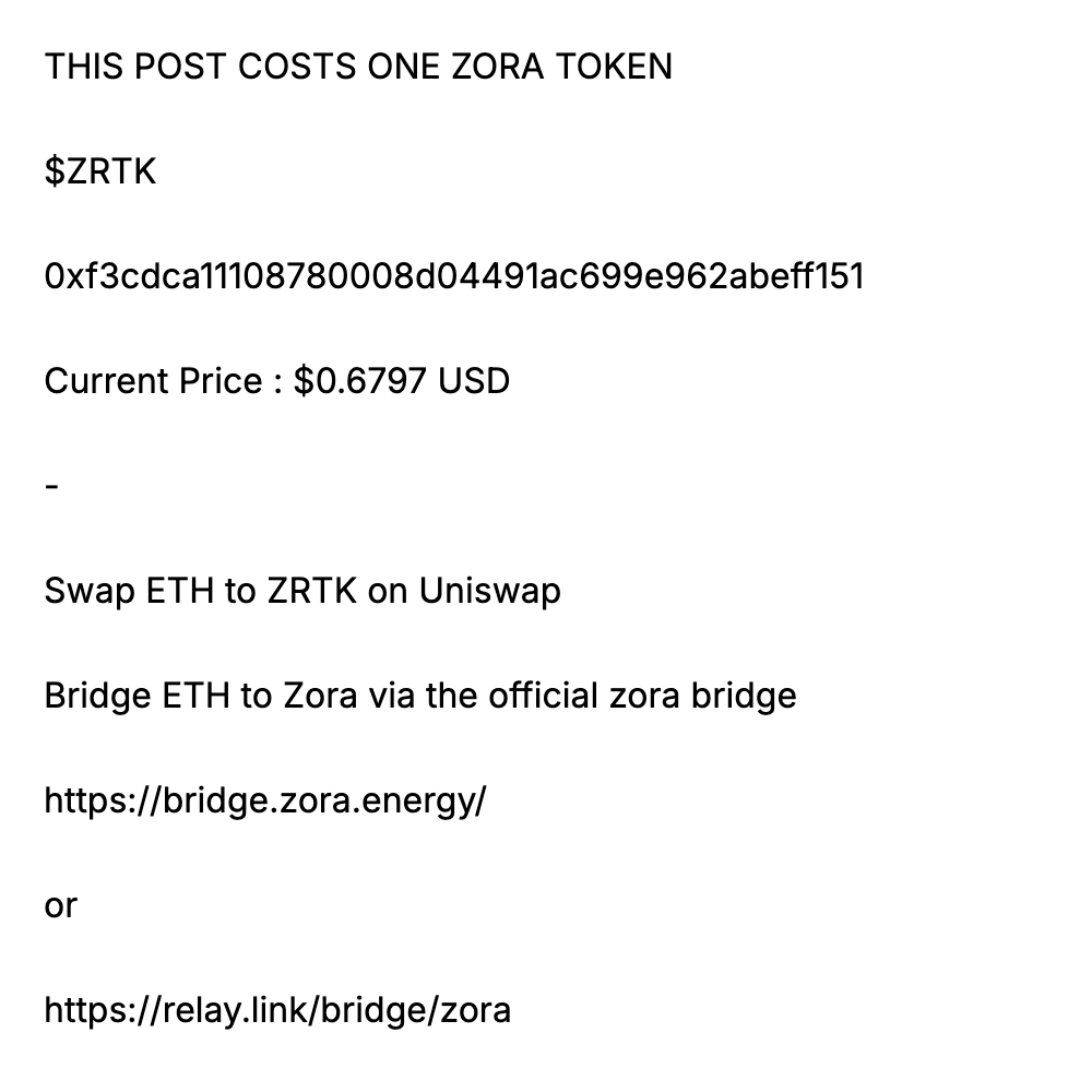 THIS POSTS COSTS ONE ZORA TOKEN