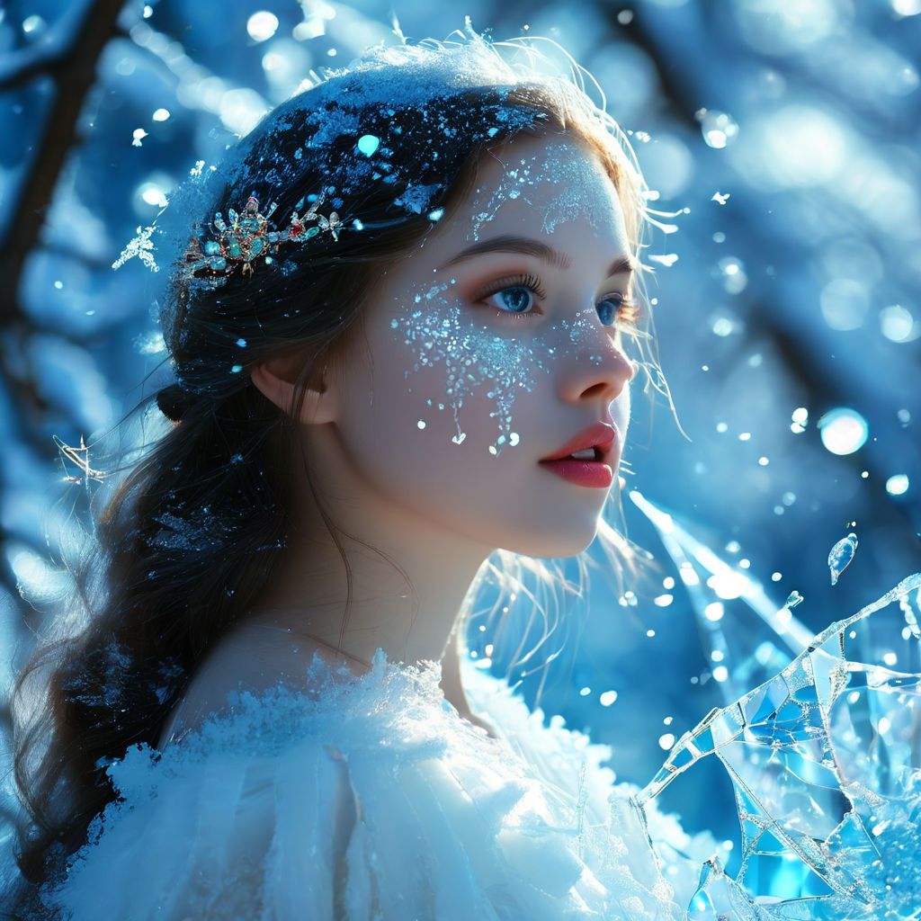 a girl with a pearl gem in a white snowy forest