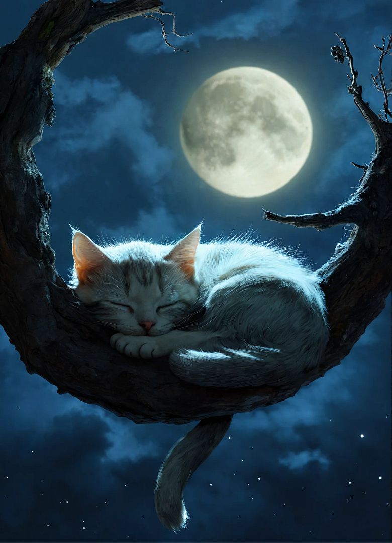 A cat sleeping in a full moon night