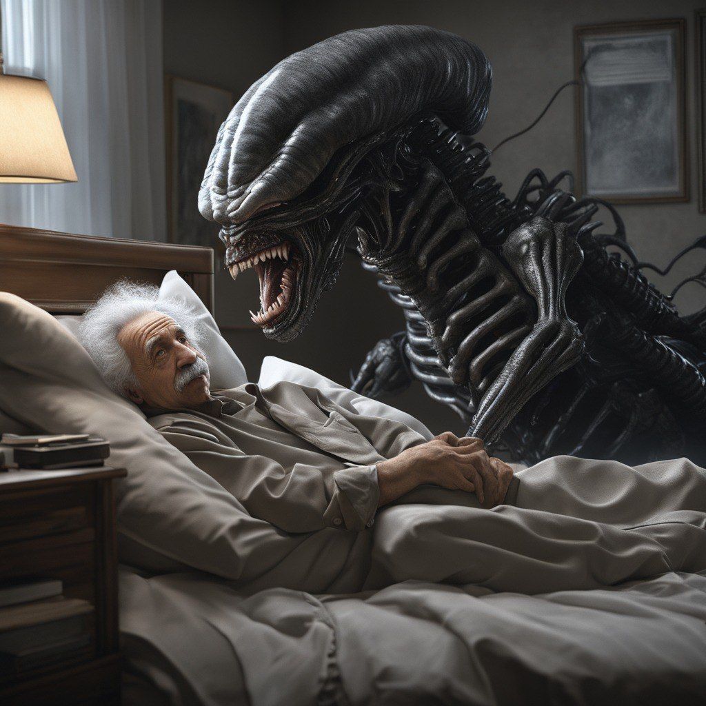 Albert Einstein" with very monster xenomorph