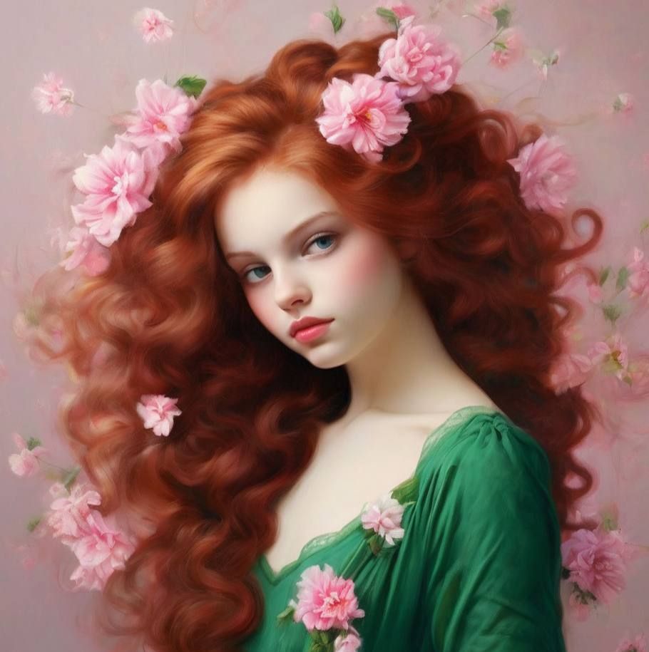 A girl with red hair and pink flowers