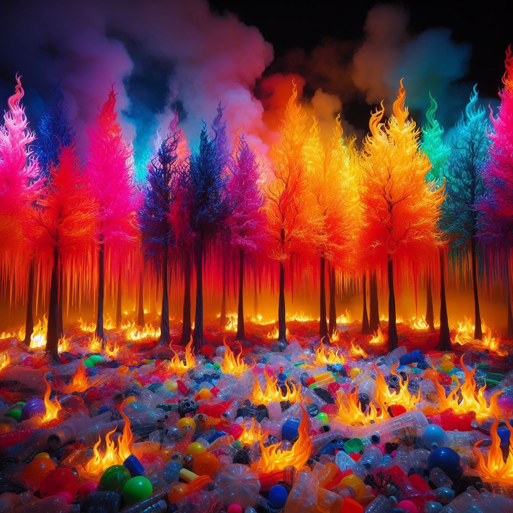 a burning plastic forest