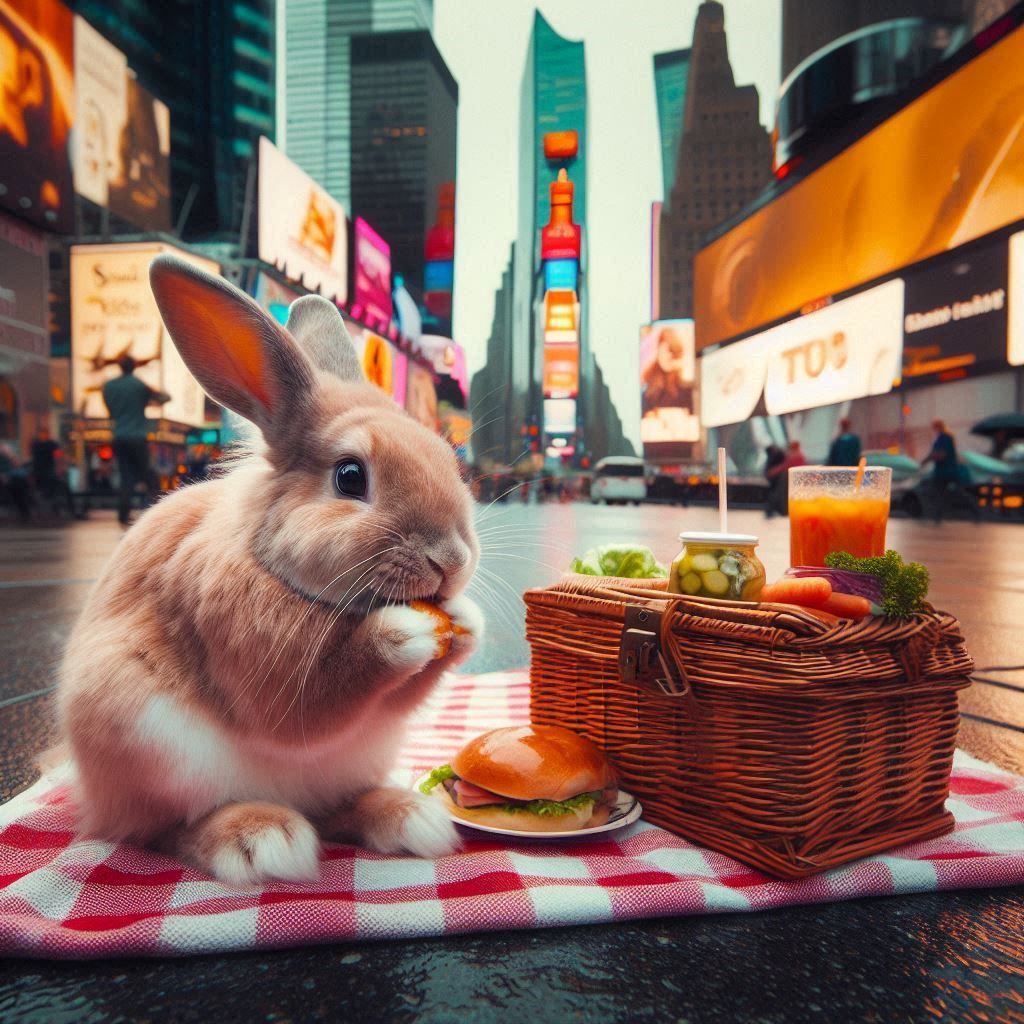 small rabbit having a picnic in the middle of Times Square