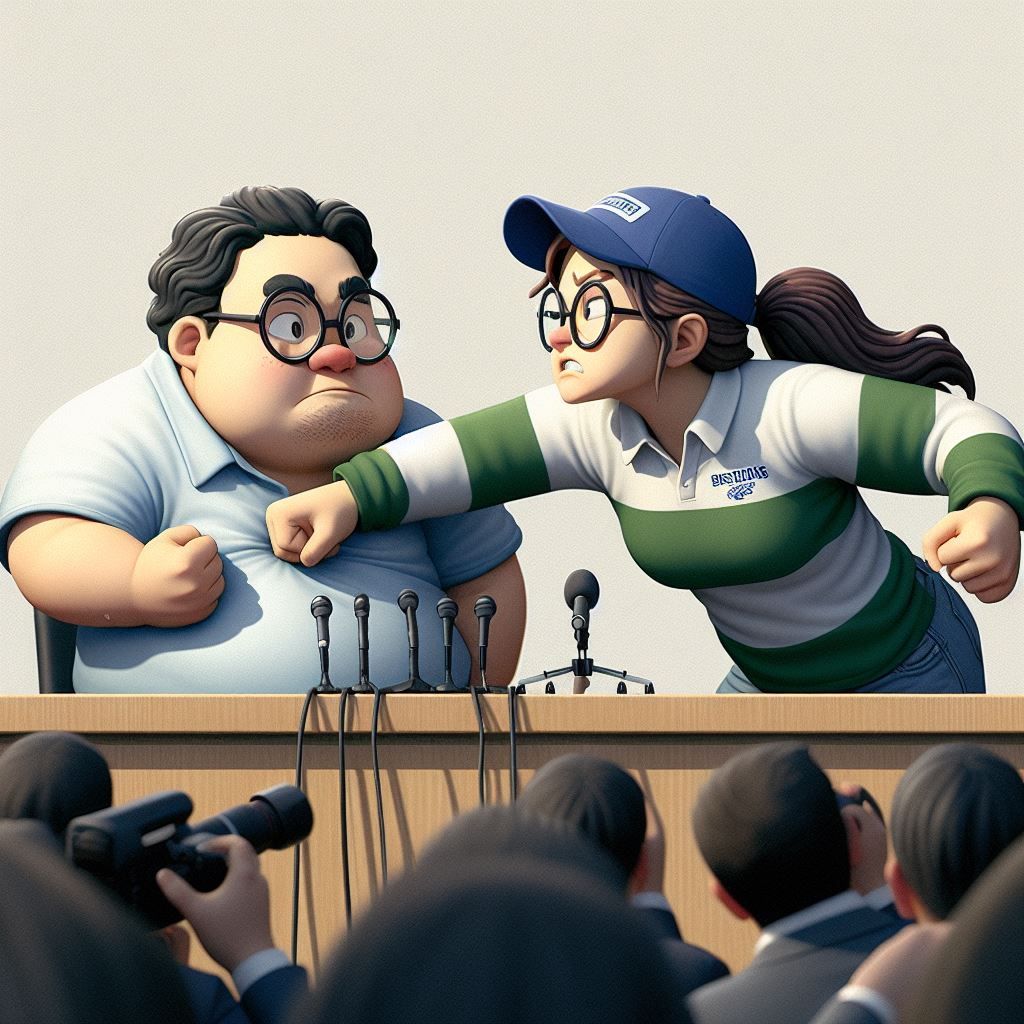 A man and a woman are fighting at a press conference