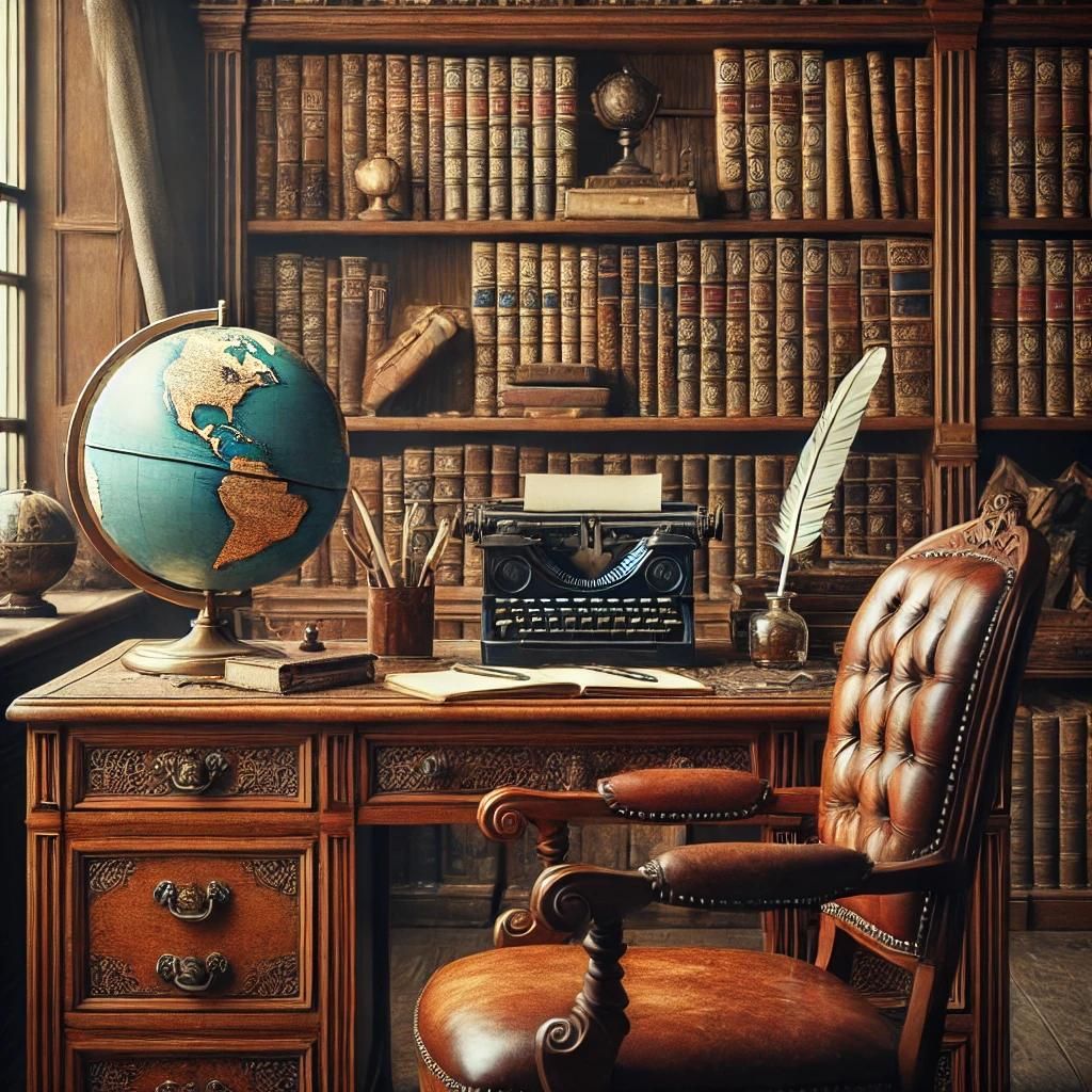 A vintage study with a wooden desk, leather chair, and old books